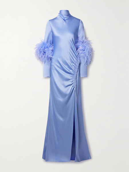  Lapointe Lapointe - Feather-trimmed Ruched Satin Gown - Blue 