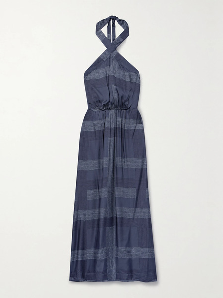  Lemlem Lemlem - + Net Sustain Ajani Striped Charmeuse Halterneck Midi Dress - Navy 