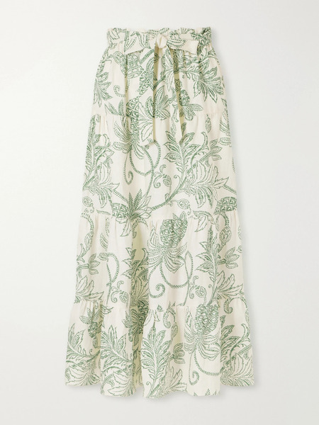  Lemlem Lemlem - Sanaa Tiered Printed Linen Midi Skirt - Green 
