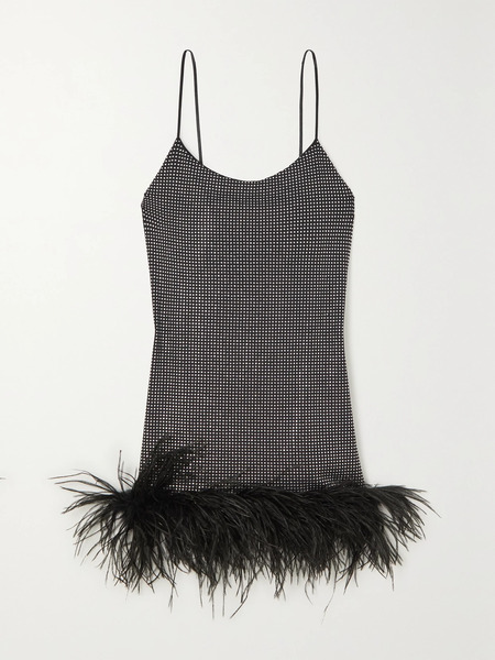  Leslie Amon Leslie Amon - Laurie Feather-trimmed Crystal-embellished Stretch-jersey Mini Dress - Black 