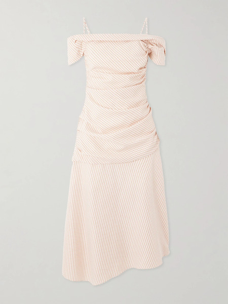  Liberowe Liberowe - Accordion Asymmetric Checked Wool And Cotton-blend Dress - Pastel Orange 