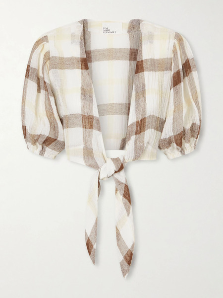  Lisa Marie Fernandez Lisa Marie Fernandez - Pouf Cropped Checked Linen-blend Crepon Blouse - Multi 
