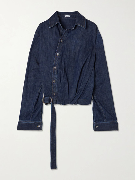  Loewe Loewe - Belted Asymmetric Draped Denim Shirt - Dark Denim 