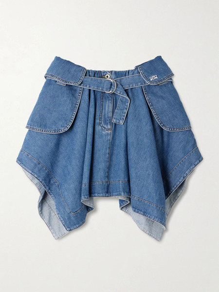  Loewe Loewe - Belted Asymmetric Draped Embroidered Denim Mini Skirt - Mid Denim 