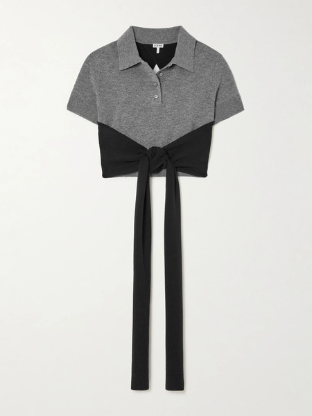  Loewe Loewe - Cropped Open-back Tie-front Wool-blend Polo Shirt - Gray 