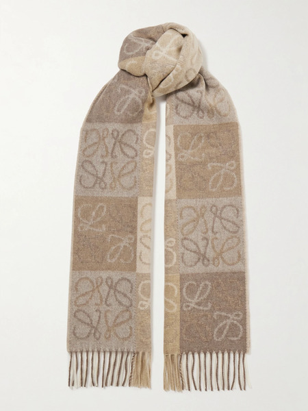  Loewe Loewe - Fringed Intarsia Wool And Cashmere-blend Scarf - Beige 