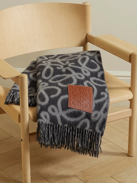  Loewe Loewe - Fringed Leather-trimmed Alpaca-blend Jacquard Blanket - Gray 