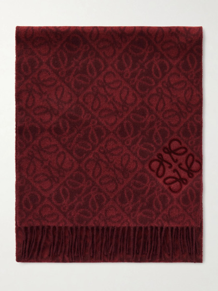  Loewe Loewe - Fringed Wool And Cashmere-blend Jacquard Scarf - Burgundy 
