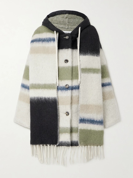  Loewe Loewe - Hooded Fringed Scarf-detailed Striped Wool-blend Coat - White 