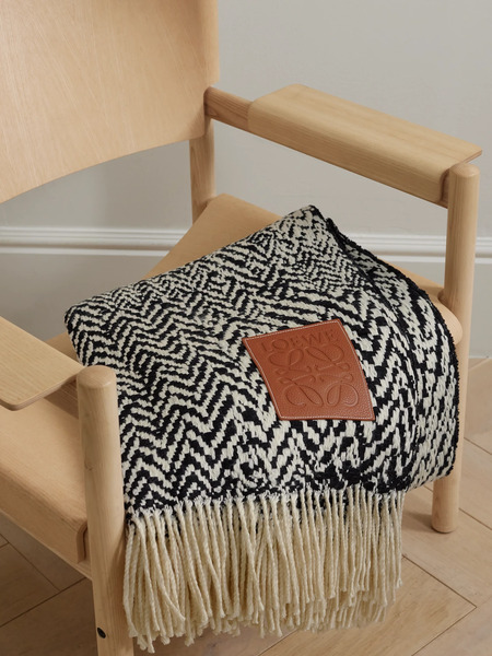  Loewe Loewe - Leather-trimmed Fringed Herringbone Wool-blend Blanket - Black 