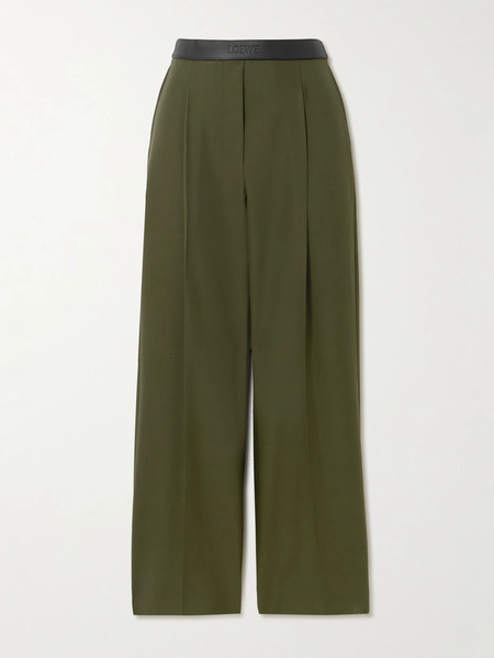  Loewe Loewe - Leather-trimmed Pleated Grain De Poudre Wool Pants - Army Green 