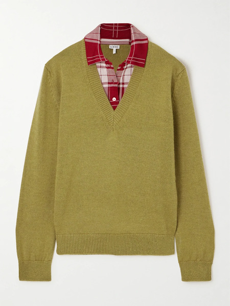  Loewe Loewe - Paneled Checked Silk Blend-trimmed Knitted Sweater - Green 
