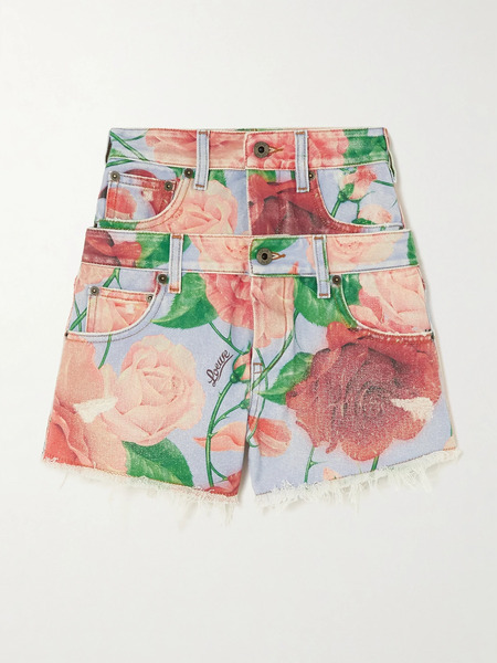  Loewe Loewe - + Paula's Ibiza Roses Layered Frayed Floral-print Denim Shorts - Pink 