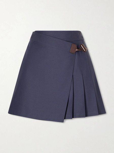  Loewe Loewe - Pleated Leather-trimmed Cotton-blend Mini Skirt - Navy 