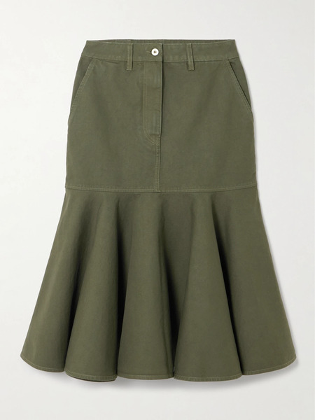  Loewe Loewe - Ruffled Leather-trimmed Cotton-twill Midi Skirt - Army Green 