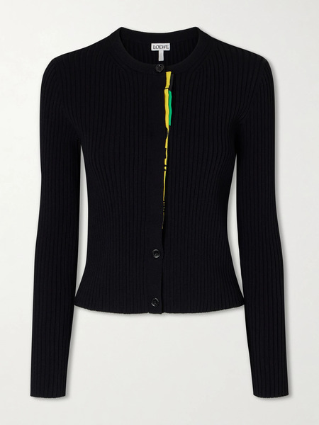  Loewe Loewe - Satin-trimmed Ribbed-knit Cardigan - Black 