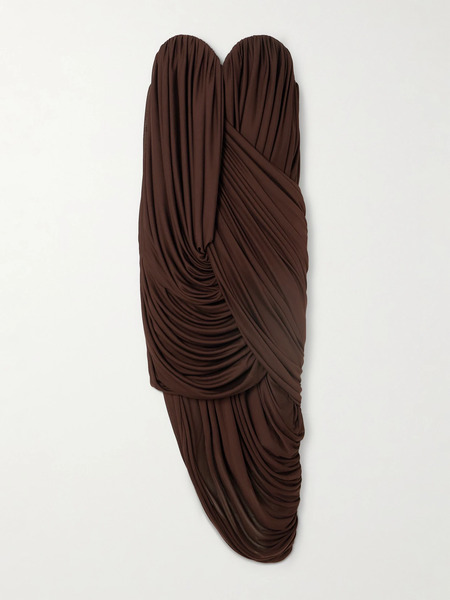  Loewe Loewe - Strapless Draped Gathered Jersey Midi Dress - Brown 