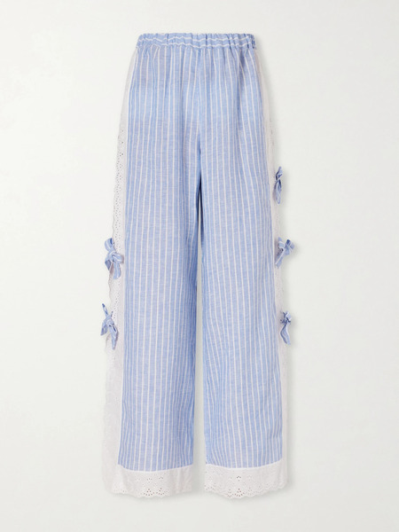  Loretta Caponi Loretta Caponi - Clarissa Bow-embellished Striped Broderie Anglaise-trimmed Linen Straight-leg Pants - Blue 