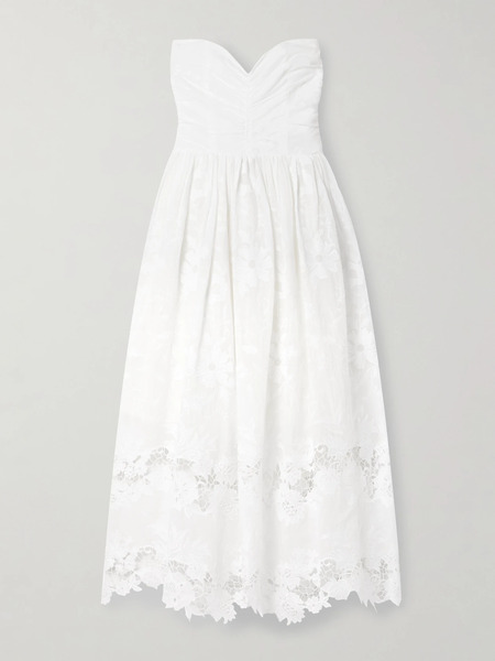  Loretta Caponi Loretta Caponi - Desideria Strapless Guipure Lace-trimmed Embroidered Cotton-voile Midi Dress - White 