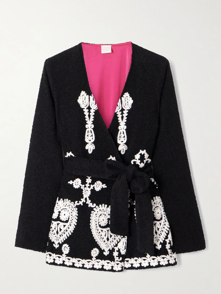  Loretta Caponi Loretta Caponi - Elbaite Belted Embroidered Wool-blend Bouclé Jacket - Black 