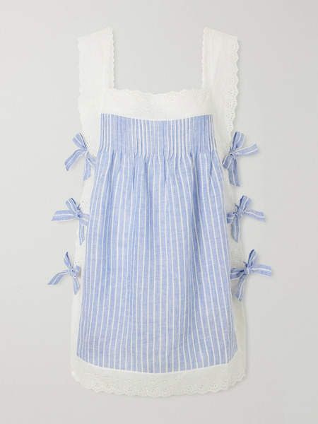  Loretta Caponi Loretta Caponi - Fiocchini Bow-embellished Striped Broderie Anglaise-trimmed Linen Mini Dress - Blue 