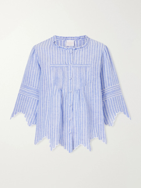  Loretta Caponi Loretta Caponi - Matilde Scalloped Shirred Striped Linen Shirt - Blue 