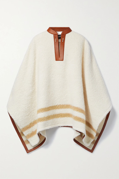  Loro Piana Loro Piana - Leather-trimmed Striped Alpaca-blend Bouclé Poncho - Ivory 