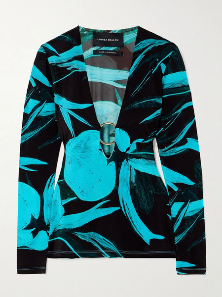  Louisa Ballou Louisa Ballou - Helios Embellished Printed Stretch-jersey Top - Blue 