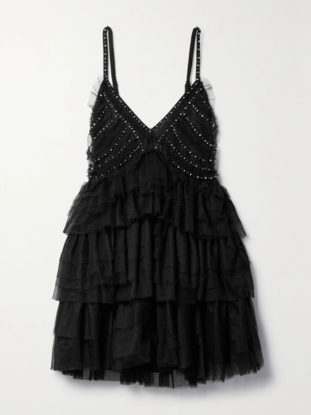  Loveshackfancy Loveshackfancy - Jude Embellished Ruffled Tulle Mini Dress - Black 