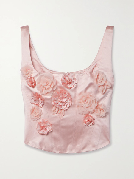  Loveshackfancy Loveshackfancy - Lorelai Cropped Appliquéd Satin Bustier Top - Pink 