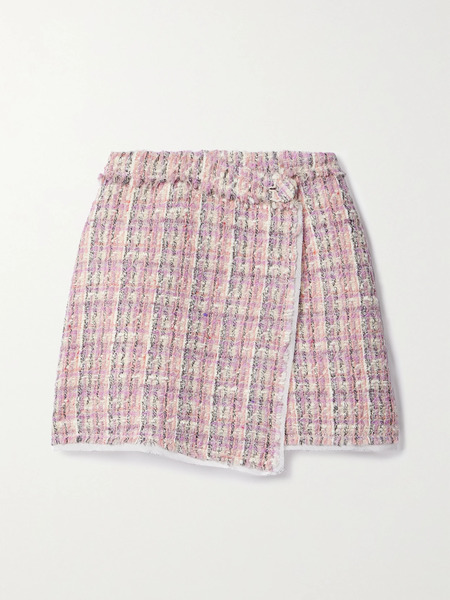  Loveshackfancy Loveshackfancy - Royce Georgette-trimmed Metallic Wool-blend Tweed Mini Wrap Skirt - Pink 