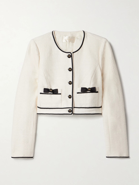  Loveshackfancy Loveshackfancy - Talika Cropped Bow-embellished Satin-trimmed Cotton-tweed Jacket - Cream 