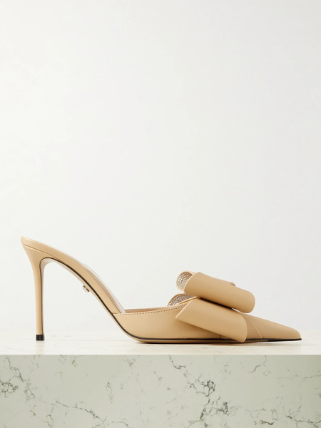  Mach & Mach Mach & Mach - Cadeau Crystal And Bow-embellished Leather Mules - Neutral 