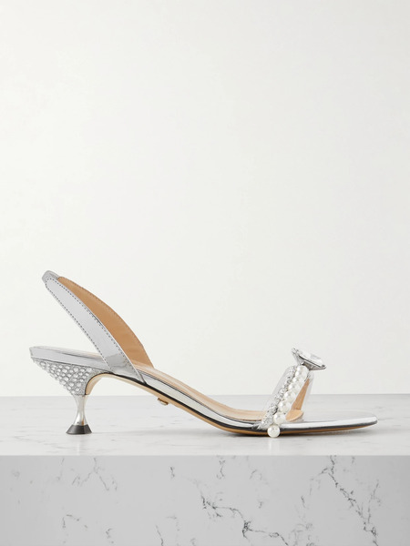  Mach & Mach Mach & Mach - Diamond Of Elizabeth Embellished Metallic Leather Slingback Sandals - Silver 