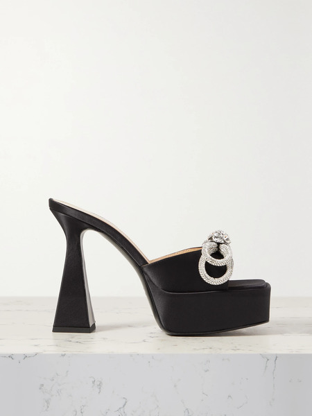  Mach & Mach Mach & Mach - Double Bow Crystal-embellished Silk-satin Platform Mules - Black 