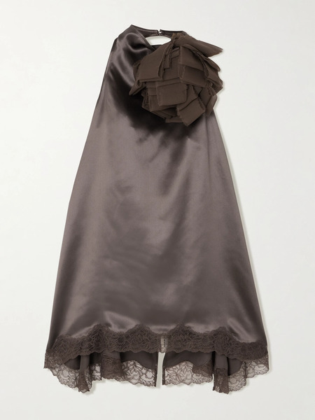  Magda Butrym Magda Butrym - Appliquéd Scalloped Lace And Chiffon-trimmed Silk-satin Halterneck Blouse - Dark Brown 
