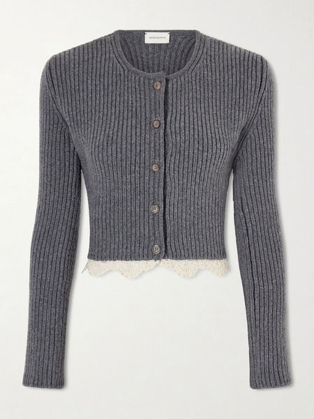  Magda Butrym Magda Butrym - Cropped Lace-trimmed Ribbed Wool Cardigan - Gray 