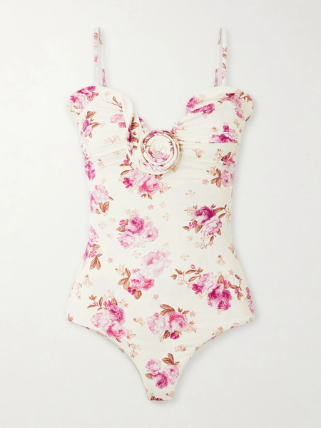  Magda Butrym Magda Butrym - Embellished Gathered Floral-print Swimsuit - Cream 