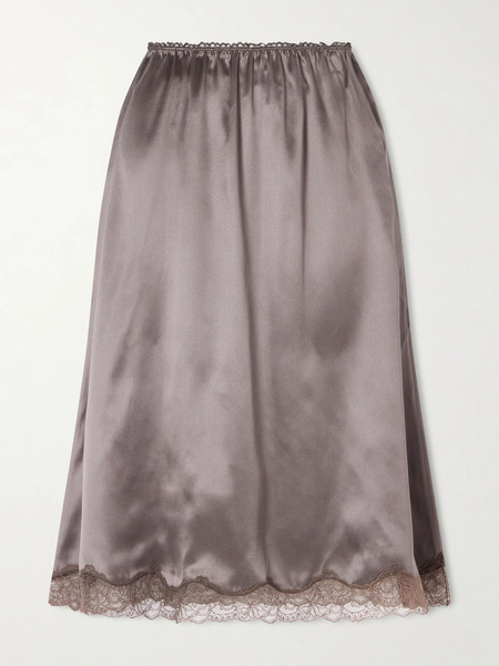  Magda Butrym Magda Butrym - Lace-trimmed Silk-satin Midi Skirt - Dark Brown 