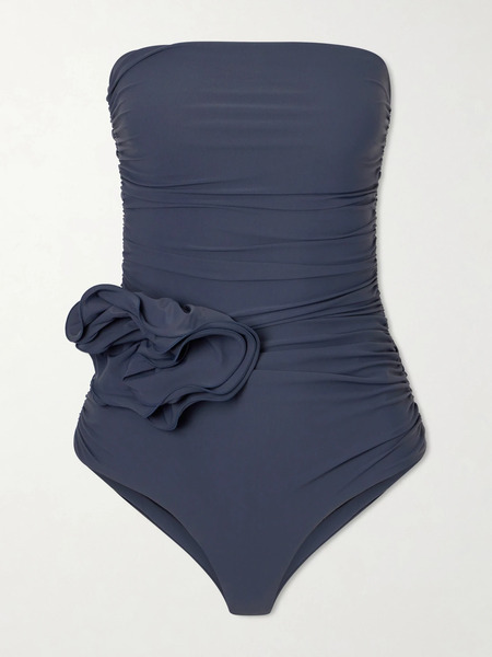  Magda Butrym Magda Butrym - Strapless Appliquéd Gathered Swimsuit - Gray 