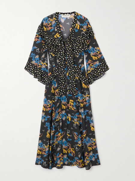  Maison Mayle Maison Mayle - Majorelle Tie-neck Ruffled Printed Silk-voile Midi Dress - Multi 