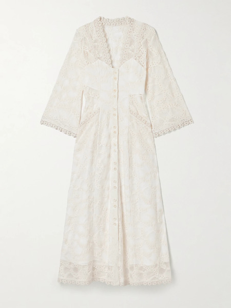  Maison Mayle Maison Mayle - Valesca Silk Jacquard-trimmed Cotton-blend Guipure Lace Midi Dress - Ivory 