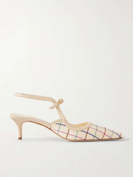  Manolo Blahnik Manolo Blahnik - Atochas 50 Leather-trimmed Checked Canvas Pumps - Cream 
