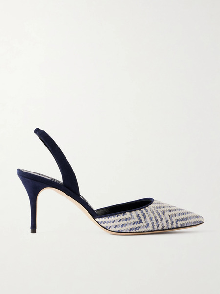  Manolo Blahnik Manolo Blahnik - Carolyne 70 Raffia Slingback Pumps - Navy 