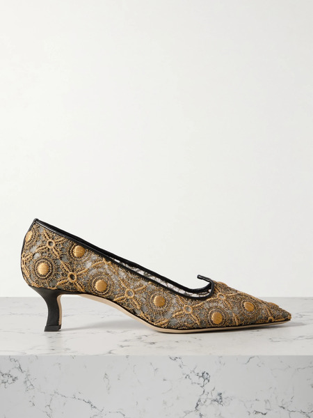  Manolo Blahnik Manolo Blahnik - Euridi 50 Leather-trimmed Lace And Mesh Pumps - Gold 