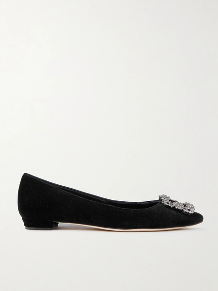  Manolo Blahnik Manolo Blahnik - Hangisiflat Embellished Velvet Point-toe Flats - Black 