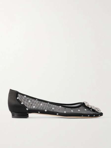  Manolo Blahnik Manolo Blahnik - Hangisiflat Satin-trimmed Crystal-embellished Flocked Mesh Point-toe Ballet Flats - Black 