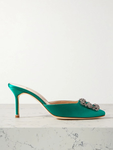  Manolo Blahnik Manolo Blahnik - Hangisimu 70 Embellished Satin Mules - Green 