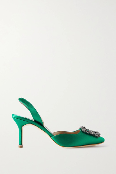 Manolo Blahnik Manolo Blahnik - Hangisli 70 Embellished Satin Slingback Pumps - Green 