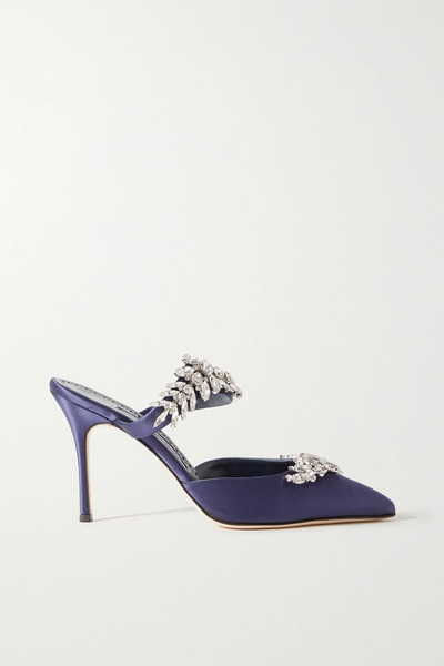  Manolo Blahnik Manolo Blahnik - Lurum 90 Crystal-embellished Satin Mules - Navy 